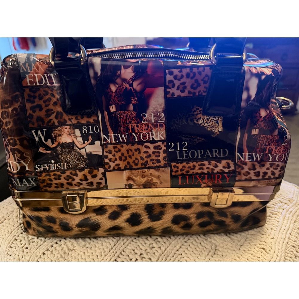 Le Miel Pasiion Leopard Magazine Print Satchel Bag Gold Frame Bottom Compartment - Picture 8 of 16